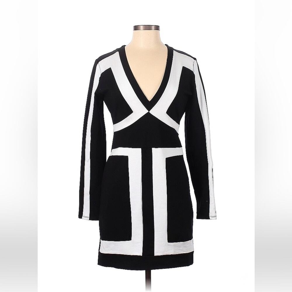 Midnight Doll black and white color block long sleeved bodycon sheath dress, 11